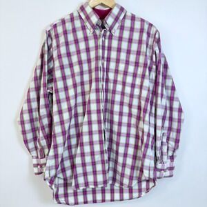 J. McLaughlin Plaid Button Down Shirt Mens L Pink White Cotton Chest Pocket